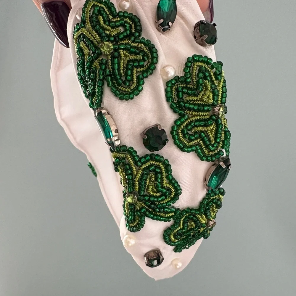 White and Green Shamrock EmbellishedTop Knot Headband